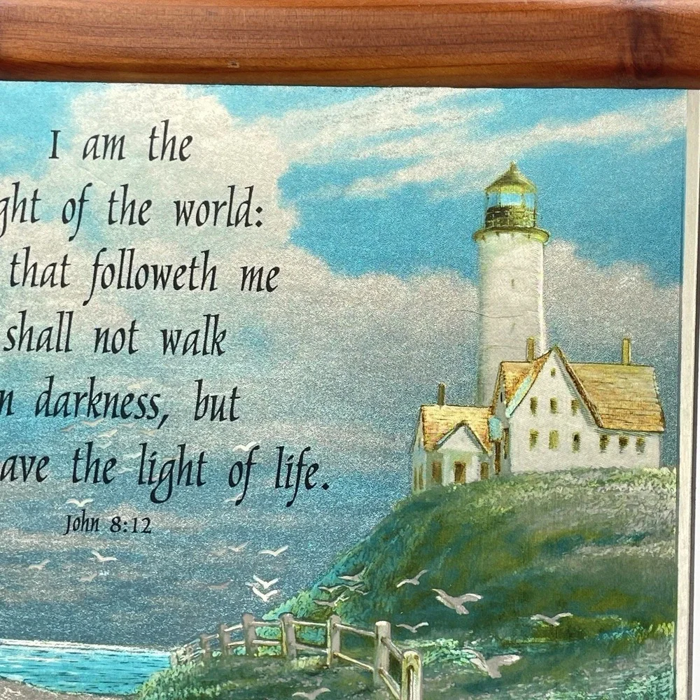 Vintage 1980s Christian Lighthouse Wall Hanging John 8:12 Foil‎ Art Plaque 9x7